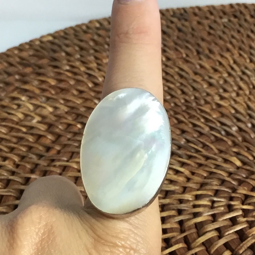Sterling Silver Moonstone Iridescent Marked 925 Statement Ring Size 6 Adjustable